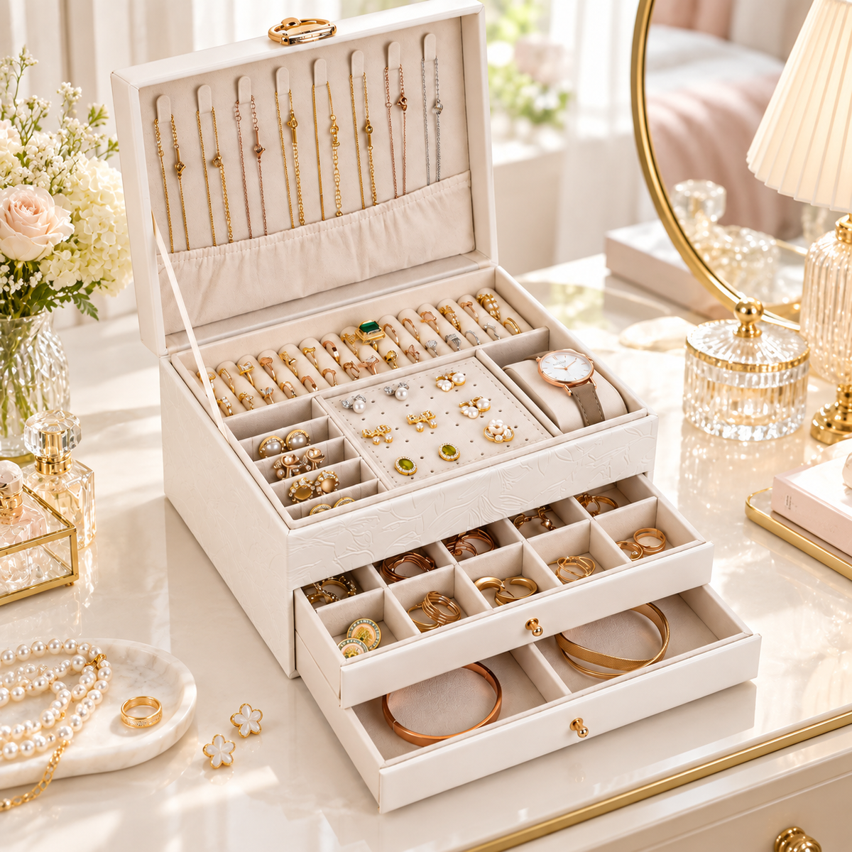 💎 Jewelry Organizer | PU Leather Vanity | Women | Velvet Protection