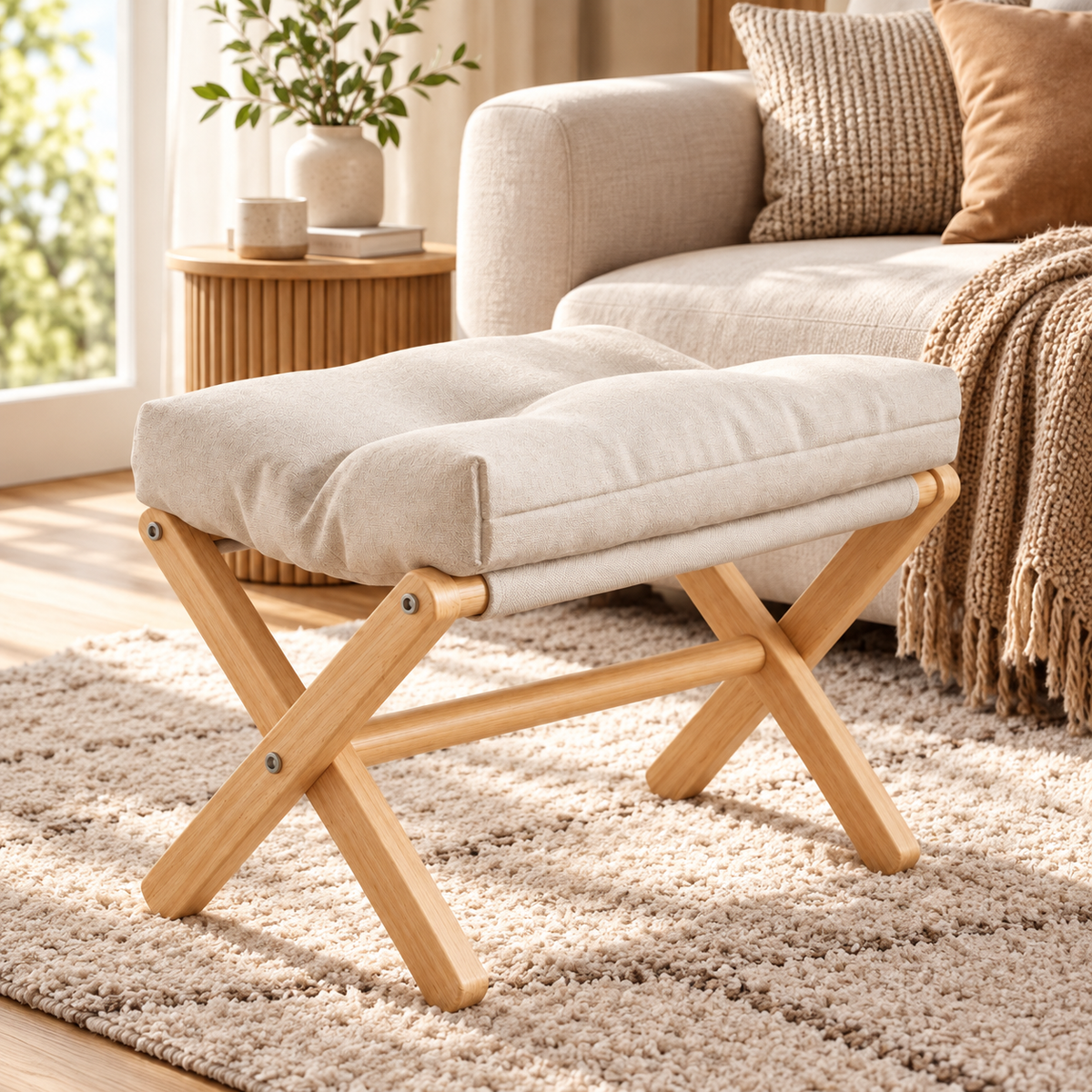 🪑 Footstool | Wood Fabric | Living Room | Homeowners | Foldable Comfort