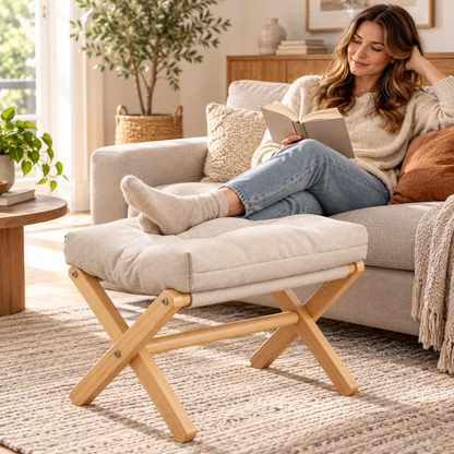 🪑 Footstool | Wood Fabric | Living Room | Homeowners | Foldable Comfort