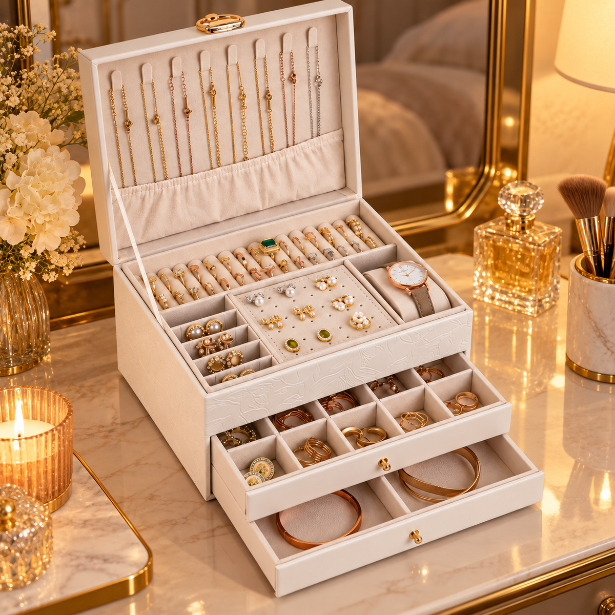 💎 Jewelry Organizer | PU Leather Vanity | Women | Velvet Protection